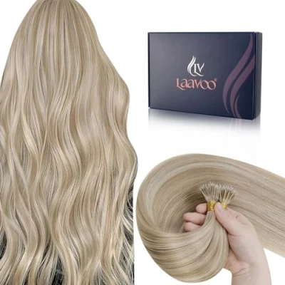 Afbeelding van LaaVoo Hair Extension Menselijk Haar Nanoring Blond Hoogtepunten 50cm Extensies Koude Fusion Nano Kralen Voorgebonden 50G 50S Kleur #18P613