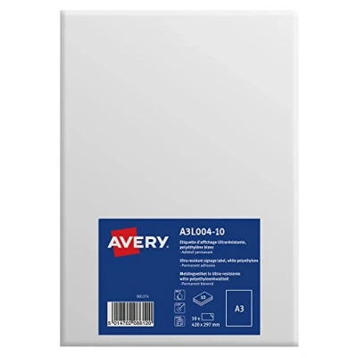Afbeelding van AVERY 10 etiketten van polyethyleen, zelfklevend, zeer sterk, personaliseerbaar, bedrukbaar, A3 (420 x 297 mm), laserprinter/inkjetprinter.