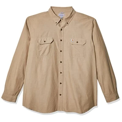 Afbeelding van Carhartt Heren Original Fit shirt met lange mouwen button down werkhemd, Dark Tan Chambray, XL