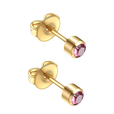 Afbeelding van Caflon 4mm 24K gold plated oorknopjes voor oorschieter hypoallergeen steriel verpakt goudkleurig met roze steen geboortesteen oktober