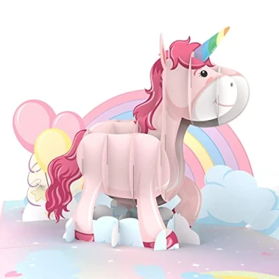Afbeelding van MOKIO® Pop Up Kaart Roze Eenhoorn met Regenboog 3D wenskaart voor een verjaardag, Kinderverjaardagskaart