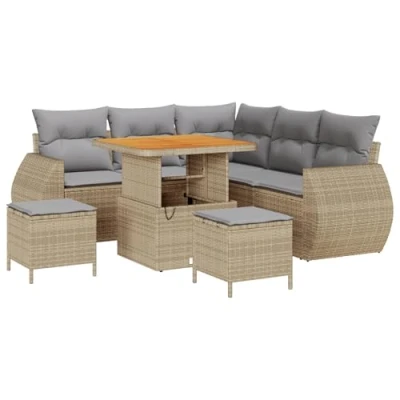 Afbeelding van vidaXL 8 delige Tuin Sofa Set met Kussens Beige Poly Rattan Acacia, 3 Eetset Acacia