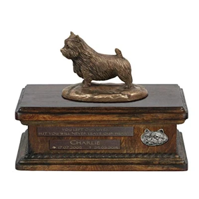 Afbeelding van Art Dog Custom Sitting Statue Memorial Urn Handgemaakt koud gegoten brons op berkenhouten voet 8,3x11,4x8,7 5l Norwichterriër
