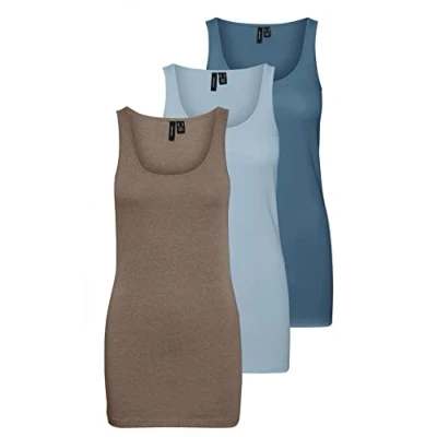 Afbeelding van VERO MODA Dames VMMAXI My Soft Long Tank Top GA 3P, bruin/blauw/blauw (1 x walnoot licht melange/1 blauwe fog/1 China Blue), M