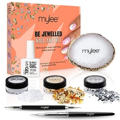 Afbeelding van Mylee Be Jewelled Nail Art Set Dun Fine Penseel, Dotting Tool, Palet voor Mengen Gelkleuren, Transparante 5 in 1 Builder Gel, Bladgoud, Diverse Edelstenen &amp; Parels, Decoratie Accessoires