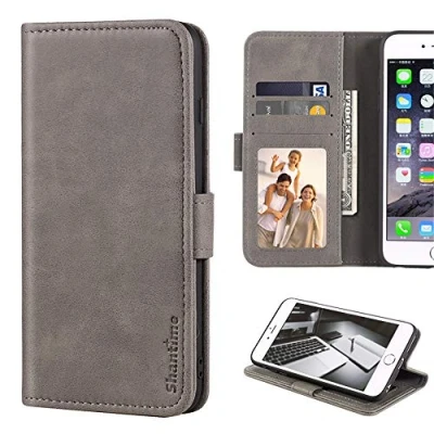 Afbeelding van LG Q7 hoesje, lederen portemonnee case met cash &amp; card slots zachte TPU achterkant magneet flip voor (grijs)