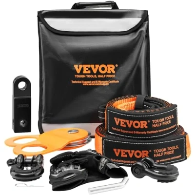 Afbeelding van VEVOR Off Road Recovery Kit, 7,6 cm x 30 &#039;, Heavy Duty Lier Kit met 30000 lb sleepriemen, 47000 lbs D ring beugels, beugelontvanger, Snatch Block Katrol, Handschoenen, Opbergtas voor ATV Jeep