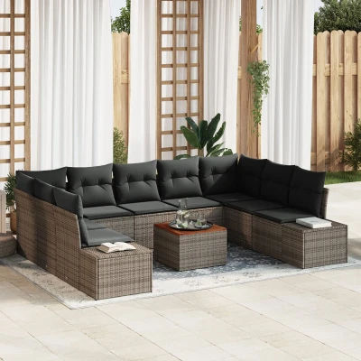 Afbeelding van vidaXL 10 Delige Tuin Sofa Set met Kussens Grijs Poly Rattan Acacia