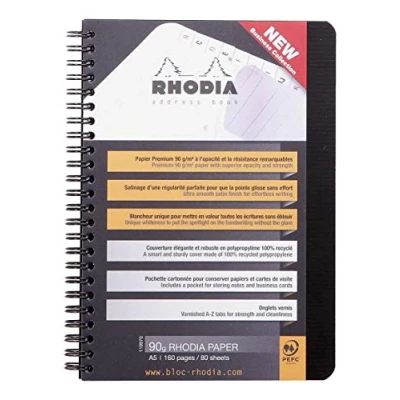 Afbeelding van RHODIA Rhodiactive 119970C adresboek en telefoonboek, spiraalbinding, zwart, A5, 160 pagina&#039;s, helder papier, 90 g, omslag van polypropyleen (kunststof),