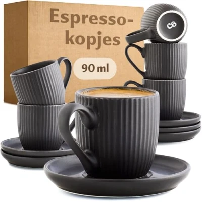 Afbeelding van Cosumy Espressokopjes met Handvat 6 kopjes 90 ml schotels Uniek gestreept patroon Mat keramiek zwart Vaatwasmachinebestendig