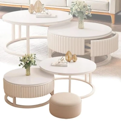 Afbeelding van Ronde Salontafel Wit 50cm+70cm Set Van 2 Geneste Salontafels Met Opbergruimte, Eenvoudige Sofa tafel Voor Slaapkamer Woonkamer