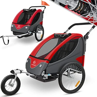 Afbeelding van KESSER® Cruiser Kinderfietskar 360 draaibaar met vering 2in1 Jogger functie + 5 puntsgordel Fietskar voor 1 tot 2 kinderen max. 40kg Rood/Zwart