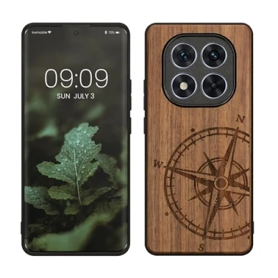 Afbeelding van kwmobile telefoonhoesje geschikt voorXiaomi Redmi Note 14 Pro 5G Hoesje met bumper walnoothout In donkerbruin Vintage Kompas design