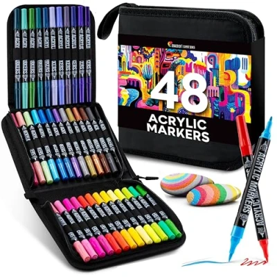 Afbeelding van Zenacolor Dual Tip acrylpen (fijne punten en penseel) 48 unieke acrylstiftkleuren voor verschillende oppervlakken kunstwerken Acrylverfpennen Inclusief etui