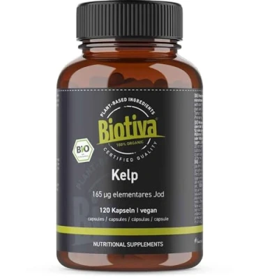 Afbeelding van Kelp bio hoge dosering 120 capsules 165 mg natuurlijk jodium algen Gebotteld in Duitsland 100% veganistisch Geen vulstoffen of antiklontermiddelen Biotiva