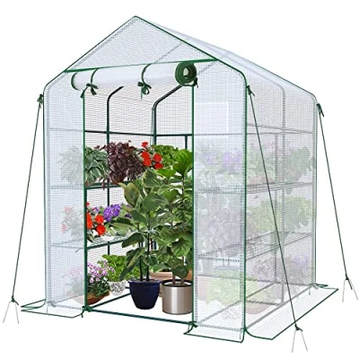 Afbeelding van VOUNOT Kas, foliekas, inloopbaar tuinhuisje met 8 planken, tomatenkas, wit, 143 x 195 cm