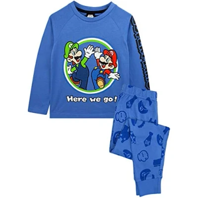 Afbeelding van Super Mario Pyjama Luigi Jongens Lange Mouwen Kids Blue T shirt &amp; Broek PJ&#039;s 7 8 jaar