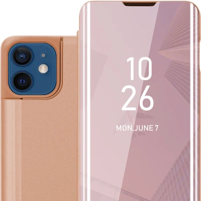 Afbeelding van Cadorabo Hoesje geschikt voor Apple iPhone 12 / PRO in KUNZIET ROZE Clear View Spiegel Beschermende Case met Tribunefunctie 360 Graden Bescherming Book Cover Etui