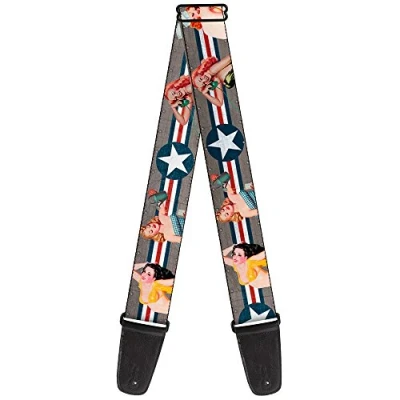 Afbeelding van Buckle Down Gitaar Strap Pin up Girl Poses Close Star Stripes Grijs Blauw Wit Rood 2 Inch Breed