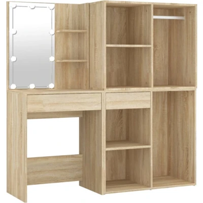 Afbeelding van Kaptafel Met 2Kastjes En Led&#039;s Bewerkt Hout Sonoma Eikenkleurig