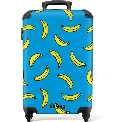 Afbeelding van NoBoringSuitcases.com® Handbagage koffer lichtgewicht Reiskoffer trolley Blauw met gele bananen Rolkoffer wieltjes Past binnen 55x40x20 en 55x35x25