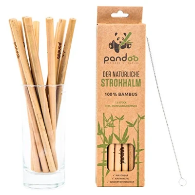 Afbeelding van pandoo Herbruikbare rietjes van 100% bamboe, inclusief reinigingsborstel (12 stuks), wasbare en milieuvriendelijke rietjes, biologisch afbreekbaar, natuurlijke bamboe