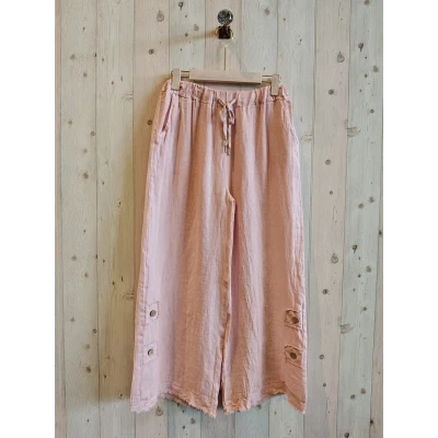Afbeelding van Boho linnen broek met elastische talie steekzakken brede pijpen kleur GRAS GROEN maat 36/38