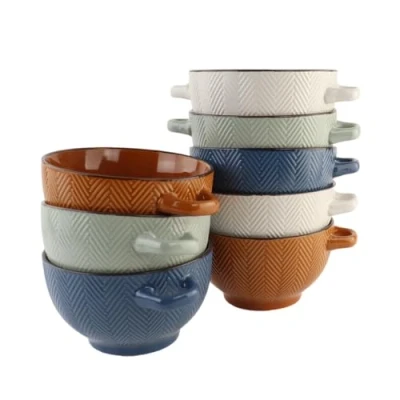 Afbeelding van OTIX Soepkommen met Oor Set van 8 Verschillende kleuren Aardewerk 680 ml