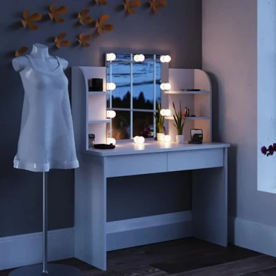 Afbeelding van Vicco Make uptafel set met kruk &quot;Charlotte&quot;, Wit, 108 cm + LED en