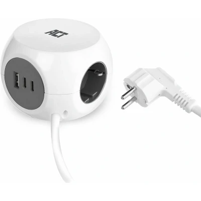 Afbeelding van ACT Stekkerkubus met USB, stekkerdoos 2 USB C (30W PD 3.0) en 1 A (QC 3.0), 3 voudig stopcontact, incl. kleefpad voor keuken, kantoor, woonkamer, kabellengte 1,5 m, kleur wit AC2420
