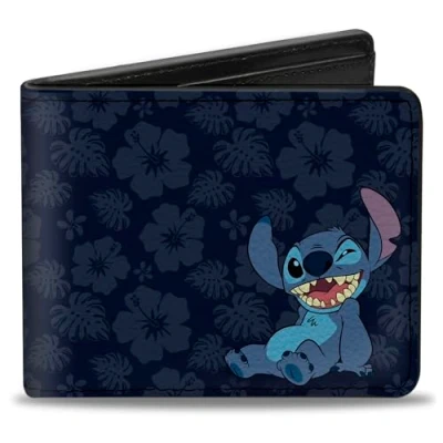 Afbeelding van Buckle Down Heren Stitch Knipperende Pose/Tropical Flora Blues Bi Fold Portemonnee, Veelkleurig, Standaard Maat UK, Meerkleurig, Default Size