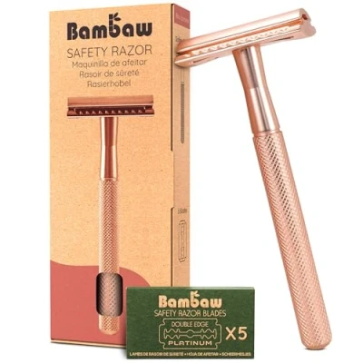 Afbeelding van Metalen Veiligheidsscheermes Roségoud Nat Scheren voor Mannen &amp; Vrouwen Geschikt Alle Double Edge Mesjes Safety Razor Scheermes Bambaw