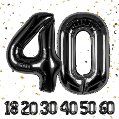 Afbeelding van 40 Verjaardag Decoraties Nummer Ballon jaar Folieballon Zwart voor 40e Verjaardagsdecoratie Mannen Vrouwen Decoratie vliegt met helium Verjaardagsfeest