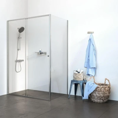 Afbeelding van Sealskin Contour schuifdeur met zijwand 120x90 cm, 200 cm hoog, RVS, 6 mm helder veiligheidsglas Minimalistisch design Tijdloze uitstraling