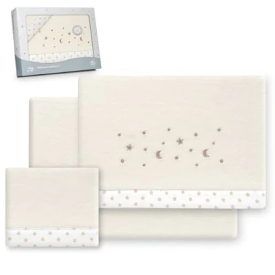 Afbeelding van Interbaby Beddengoedset voor kinderbed, 60 x 120 cm, 100% polyester, warm, inclusief hoeslaken, dekbedovertrek en kussensloop, ideaal de winter, sterrenmaan, beige