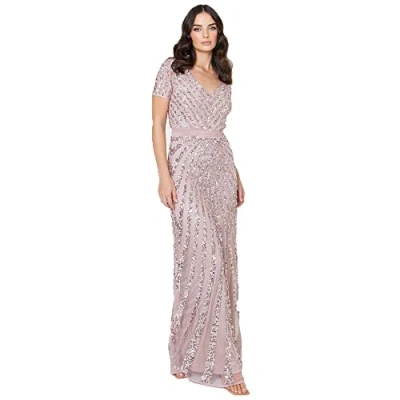 Afbeelding van Maya Deluxe Maxi jurk voor dames, versierd met pailletten, korte mouwen, V hals, hoge empire taille, glanzend, eindejaarsbal, bruidsmeisjesjurk, Frosted Roze, 24