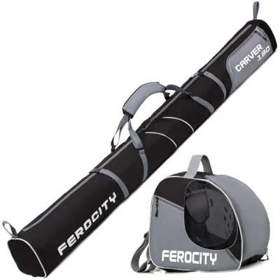 Afbeelding van Premium set skitas en skischoentas voor 1 paar skistokken, schoenhelm 180 cm met trekkoord tas zijzak kleur grijs zwart [053]