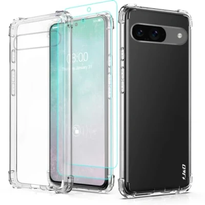 Afbeelding van J&amp;D Compatibel voor Google Pixel 9 Hoesje, Kristalhelder Schokabsorberend Corners Case met (2 Stuks) Schermbeschermers, Anti Geel TPU Bumperhoes 9, Niet Pro, Transparant