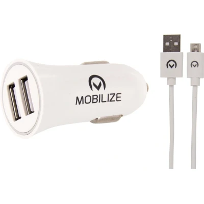 Afbeelding van Mobilize Car Charger 2x USB + to Micro Cable 12W 1m. White