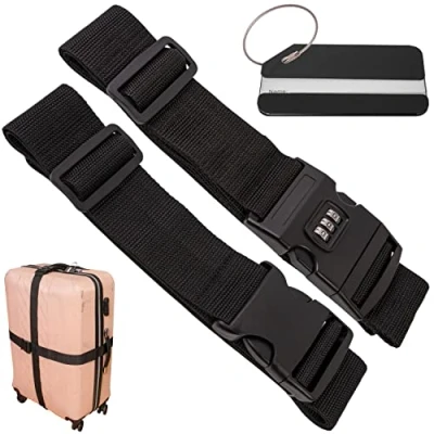 Afbeelding van Kofferbandset met kofferhanger, 2 stuks, 200 cm riem gesp, 1 x cijferslot, zwart, naamplaatje, kofferriemen adreslabel voor reizen en vliegen, kofferspanbanden, riemkoffer