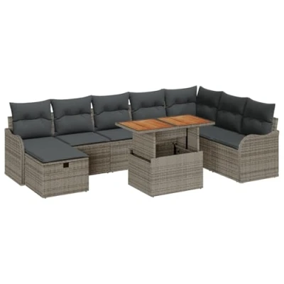Afbeelding van vidaXL 9 delige Tuin Sofa Set met Kussens Grijze Poly Rattan, 2 zits Rattan