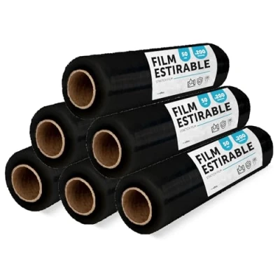 Afbeelding van zwarte folie om te verpakken, kunststof afdekking, voor verhuisdozen, ter bescherming van meubels en zendingen, afmetingen 50 cm x 200 m rekbaar · office (zwart, 6 stuks)