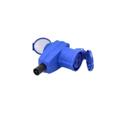 Afbeelding van cartrend Explorer CEE haakse koppeling 3 polig &amp; geaard stopcontact met klapdeksel, voor camping, caravans, campers, bescherming tegen vocht, IP44, geschikt leidingen tot x 2,5 mm², blauw