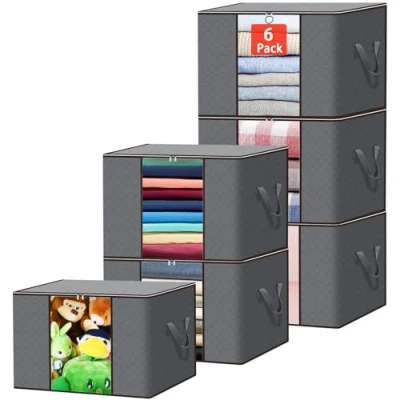 Afbeelding van TAVADA 6 stuks 90 l opbergtas, opbergdoos met deksel, groot, onderbed, opbergdoos, opvouwbare versterkte handgreep voor kleding, dekbedden, deken, grijs