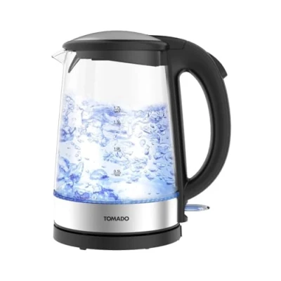 Afbeelding van Tomado TWK1706G Glazen waterkoker 1,7 liter Blauw LED verlichting Waterniveau indicator Uitneembaar Kalkfilter 2200 watt