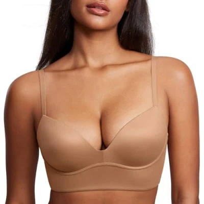 Afbeelding van DOBREVA BH Vrouwen Zonder Riemen Push Up T Shirt Bras Gewatteerde Bustier Zachte Naadloze Grind Beige 90D
