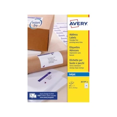 Afbeelding van Avery Zelfklevend adres postetiketten, inkjetprinters, 24 etiketten per A4 blad, 600 etiketten, QuickDRY (J8159), wit