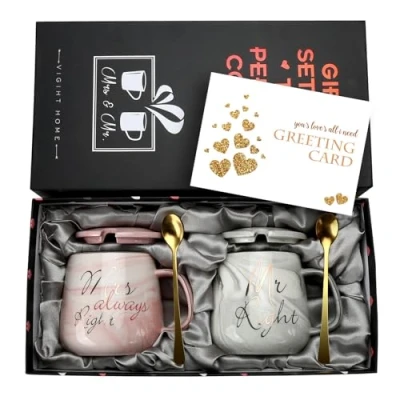 Afbeelding van Mr Right en Mrs Always keramische koffiemokken Set van 2 13 Oz paar theekop met deksel lepel, marmeren mokken Huwelijksgeschenken voor bruid bruidegom (roze, grijs)