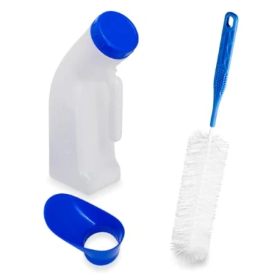 Afbeelding van Urineflessen voor mannen met reinigingsborstel, ARNOMED urinefles 1000ml incl. urinaal dop &amp; borstel, lekvrij mobiel toilet accessoires, PP