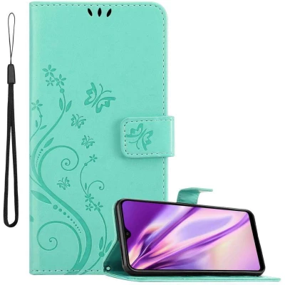 Afbeelding van Cadorabo Hoesje geschikt voor Samsung Galaxy M20 in BLOEMEN TURKOOIS Beschermhoes bloemmotief met magnetische sluiting, standfunctie en kaartsleuven Book Case Cover Etui